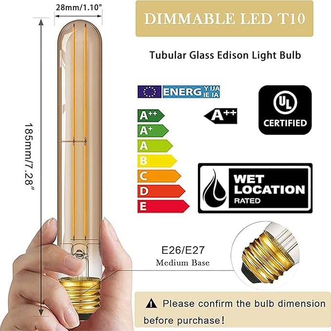 7.3 Inch E26 Led Bulb 6W Dimmable, 2200K Amber White Vintage Edison Bulbs, Equal 80 Watt T10 T9 Long Tubular Glass Light Bulb 800LM for Rustic Pendant Pipe Wall Sconces - UL Cert 6Pack