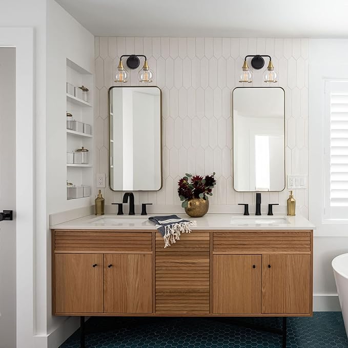 Black and Gold Bathroom Light Fixtures 2-Lights Vanity Lights with Clear Glass Shade Bathroom Vanity Light 14 Inch Wall Sconces(Exclude E26 Bulb)…