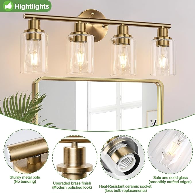 4-Light Bathroom Light Fixtures, Brushed Brass Modern Vanity Lights with Cyan Glass Shades, Bathroom Wall Lamp for Mirror Kitchen Living Room