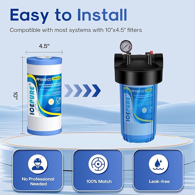5 Micron 10" x 4.5" Whole House Water Filter Compatible with GE FXHTC, GXWH40L, RFC-BBSA, W50PEHD, Whirlpool WHKF-GD25BB, GXWH35F, GNWH38S, Dupont WFHD13001, Pentek R50-BB, 4WH-HDGR-F01 4PACK