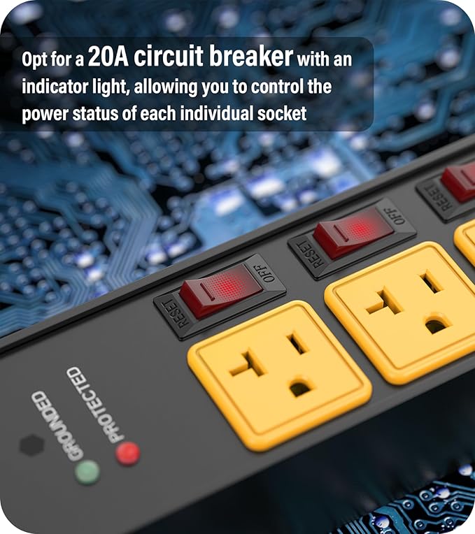CCCEI Heavy Duty Surge Protector Power Strip 20 Amp Individual Switches. 15FT 12 Gauge Extension Cord with Multiple Outlets. Kitchen, Garage, Shop, Industrial Wall Mount Electric Extender, Yellow.