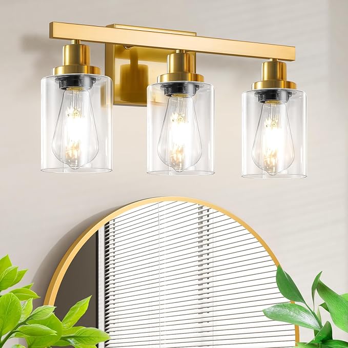 3 Light Gold Bathroom Light Fixtures, Bathroom Vanity Light Over Mirror, Gold Wall Sconce Vanity Lighting with Clear Glass Shade,Modern Farmhouse Bath Wall Lamp for Mirror Kitchen
