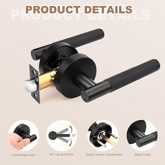 4 Pack Passage Knurled Door Handle Interior, Matte Black Door Lever for Closet and Hallway Doors, Modern Round Reversible Non-Locking Handle Lever