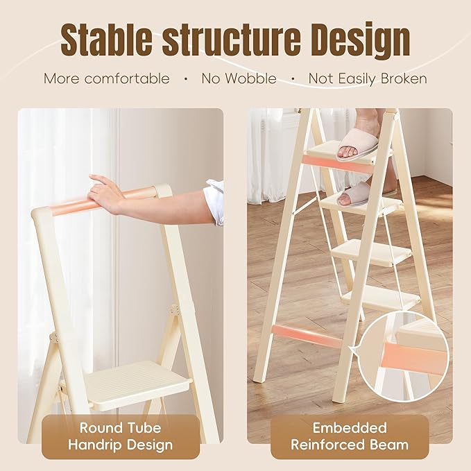 GameGem 4 Step Ladder Folding Step Stool, Foldable Ladder with Ergonomic Heightened Top Grip, Tall Step Ladder with Widened Anti-Slip Pedal for Closet, 330Lbs Load, Fold Thin and Tight, Cream White