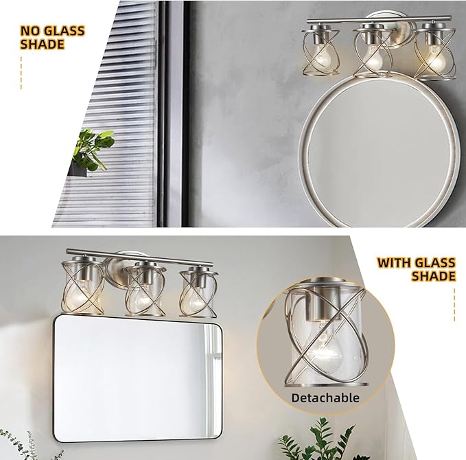 mavcadonf 3-Lights Bathroom Vanity Lights, Bathroom Light Fixtures Over Mirror, Brushed Nickel Vanity Light, Farmhouse Wall Lights with Clear Glass Shade, Bathroom Wall Lamp for Mirror Kitchen Bedroom