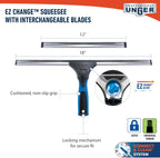 Unger Professional Connect and Clean 18” EZ Change Window and Glass Cleaning Squeegee, Large and Small Windows, Rubber Blade Tool for Streak-Free Results, Includes 12” Channel