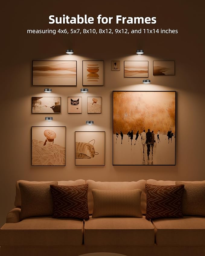EZVALO Picture Lights for Wall with Charging Station, Rechargeable Battery Magnetic Poster Lights with 3 Color Temps & 12 RGB, Remote Dimmable Timer, Wall Decor Light for Art Display (6 Pack)