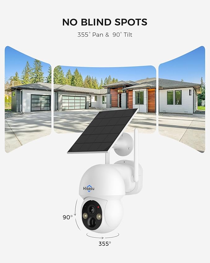 Hiseeu Solar Camera Wireless Outdoor, Home Security Camera System, 2.4G & 5G WiFi, Solar-Powered 4MP 4 Cam-Kit, Color Night Vision, 360° View, Pan & Tilt, 1TB HDD Local Recording, No Subscription
