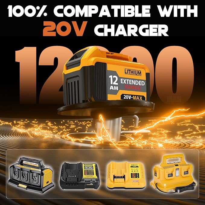 4-Pack 12000mAh Replacement for Dewalt 20V Max Battery, Lithium-Ion Long Lasting Power Compatible with Dewalt DCB203 DCB204 DCB205 DCB206 DCB207 DCD/DCF/DCG Series Cordless Tools