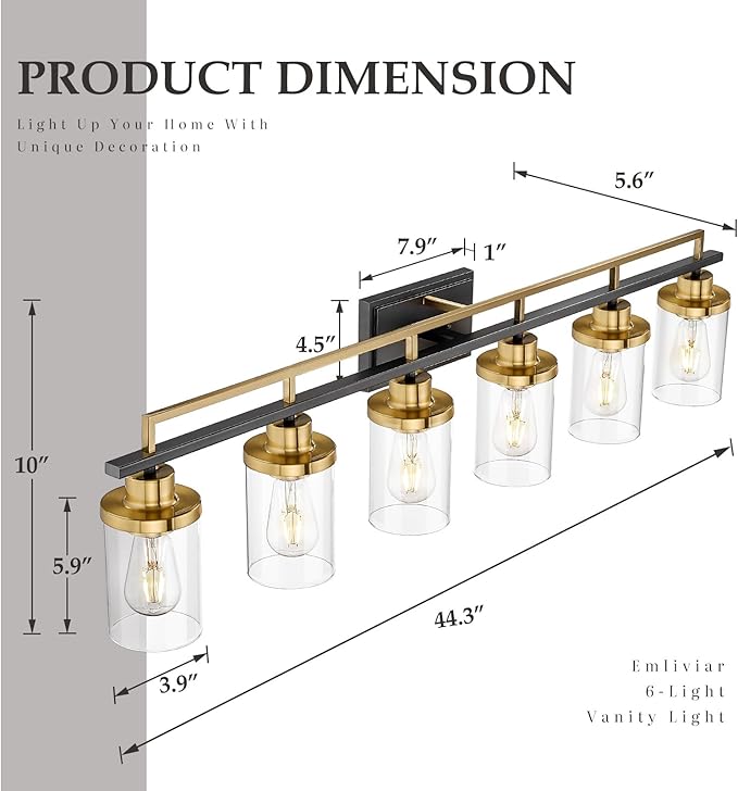 Emliviar Large 6-Light Farmhouse Bathroom Sconces Wall Lighting for Living Room, Modern Vanity Light Over Mirror with Clear Glass Shades, Black and Gold Finish, YCE238B-6W BK+BG