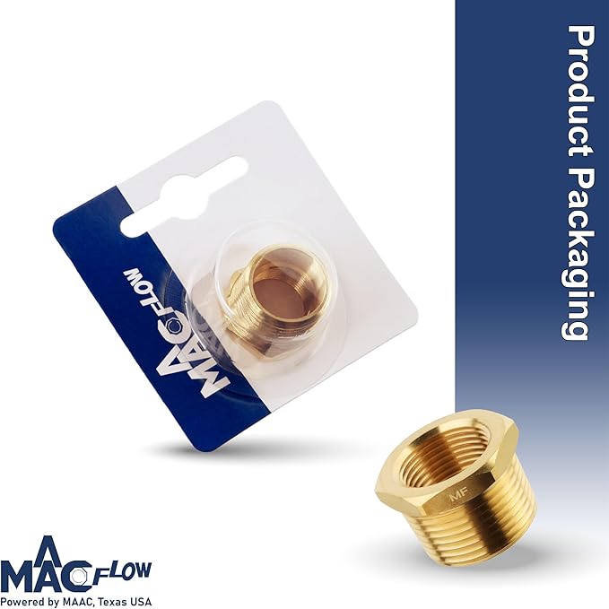 MAACFLOW brass 1/2" Male NPT to 3/8" Female NPT Adapter Reducer Hex Bushing (Thread OD 0.81" - ID 0.58") (Pack of 1)