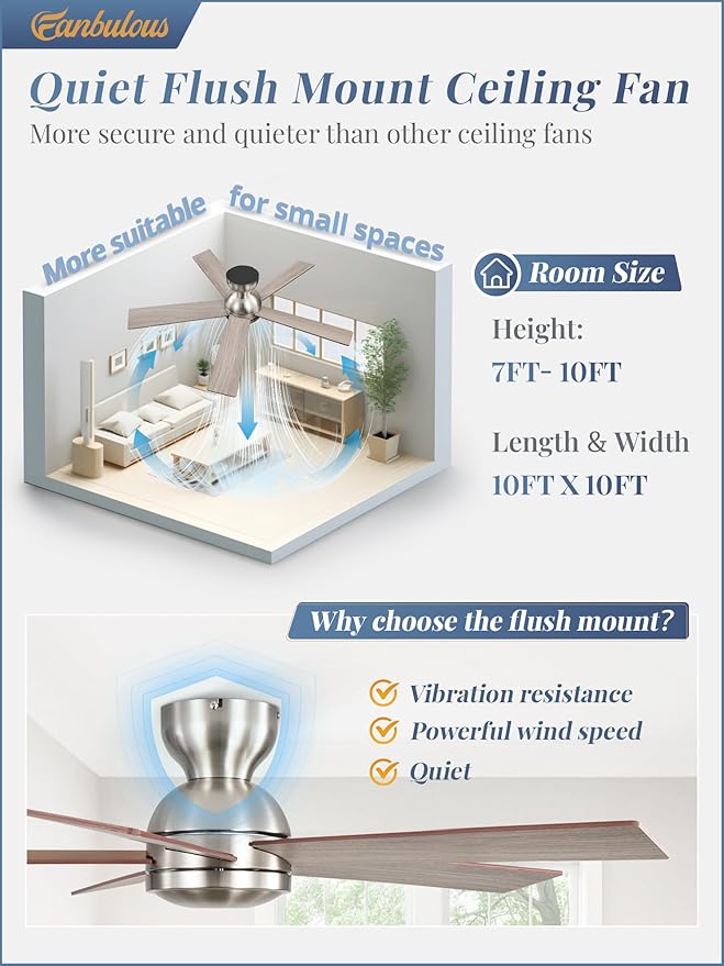 42 Inch Flush Mount Ceiling Fans no Light, Brushed Nickel Modern Ceiling Fans, 6-Speeds, Quiet Reversible DC Motor, Outdoor/Indoor Ceiling Fan for Patios, Living Room, Bedroom