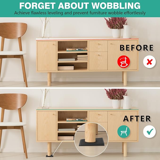 Furniture Leveler 12pcs Kit Size Variety | Multi-Purpose Rubber Shim for Leveling Feet Stable | Anti-Wobble Pad for Uneven Table, Dresser Leg, Toliet and More Furniture | Prevent from Wobbling