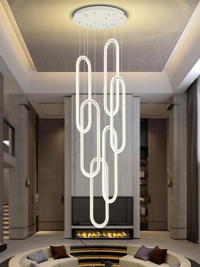 Flashing God H118 Modern Chandelier 6-Rings Contemporary Chandelier for High Ceiling Led Dimmable Large Pendant Lighting Chrome Ring Chandeliers for Villa Foyer Entrance Living Room