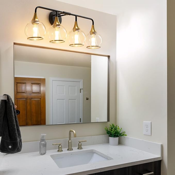 Black and Gold Bathroom Vanity Light 4-Light Bathroom Vanity Light Fixtures Over Mirror with Clear Glass Shade 30.7 inch Wall Sconce Lighting Bath(Exclude E26 Bulb)