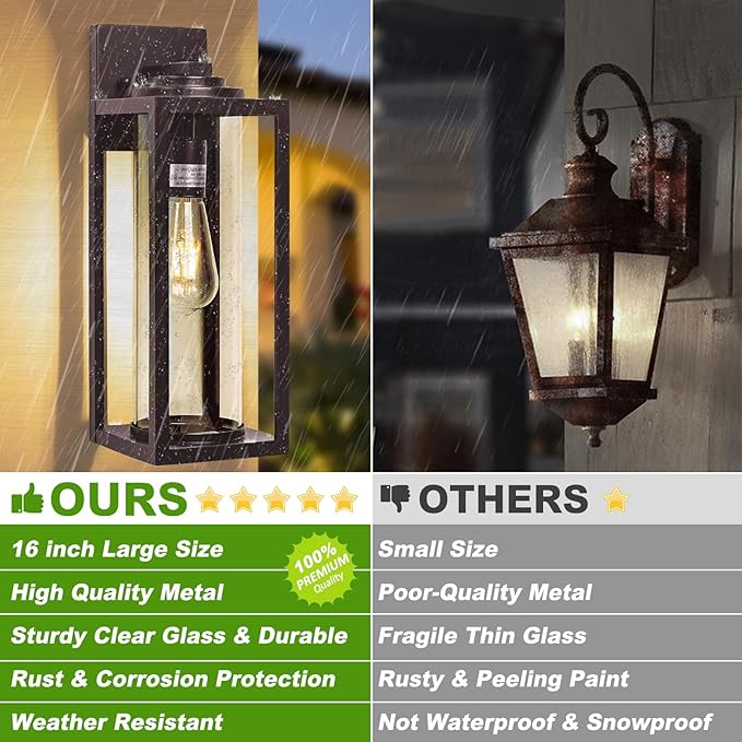 16inch Large Outdoor Wall Lights 2 Packs - Oil Rubbed Bronze Exterior Light Fixture with Clear Glass Shade, Waterproof Porch Lighting for House, Farmhouse Sconces Lantern for Front Door, Garage