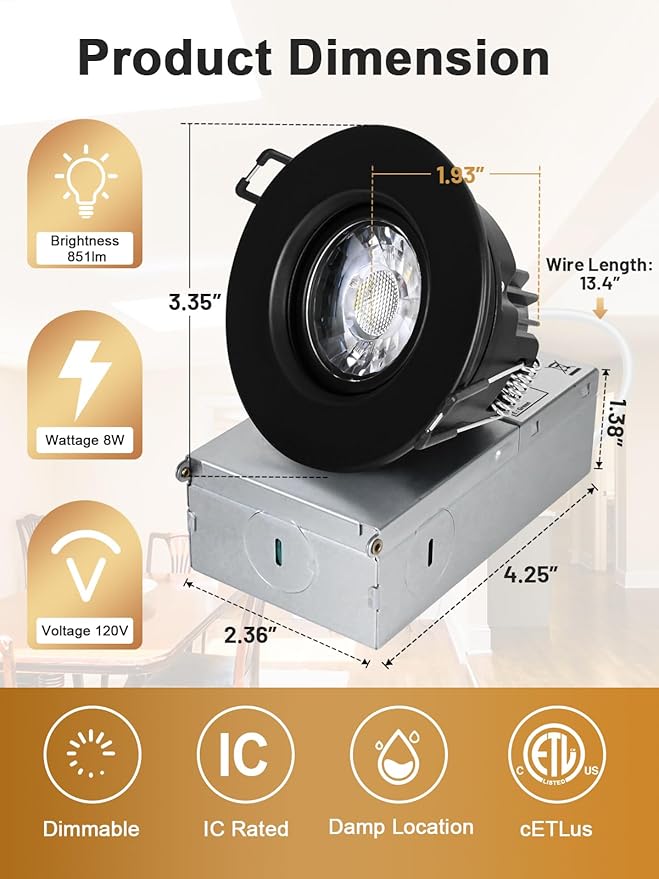 Canless Recessed Gimbal Downlight Rotatable-Spotlight 5 CCT 3 Inch Eyeball Ceilling Potlight, Dimmable Recessed Lights Fixture with Junction Box, 8W CCT Adjustable, Black Round Trim, 6 Pack