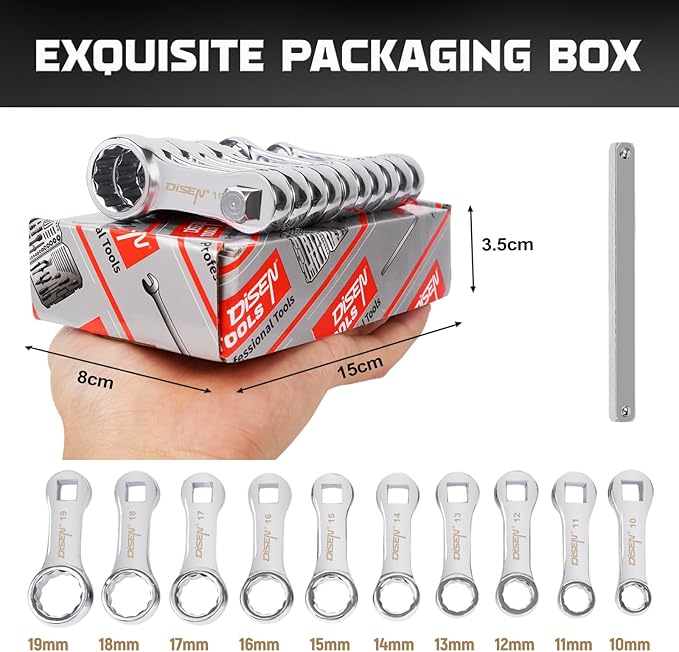 DISEN 10-Piece Metric Torque Wrench Adapter Set (10-19mm) - Chrome Vanadium Steel, 3/8-inch Square Drive Torque Adapter, Extension Rod Repair Tool, Color Box Packaging