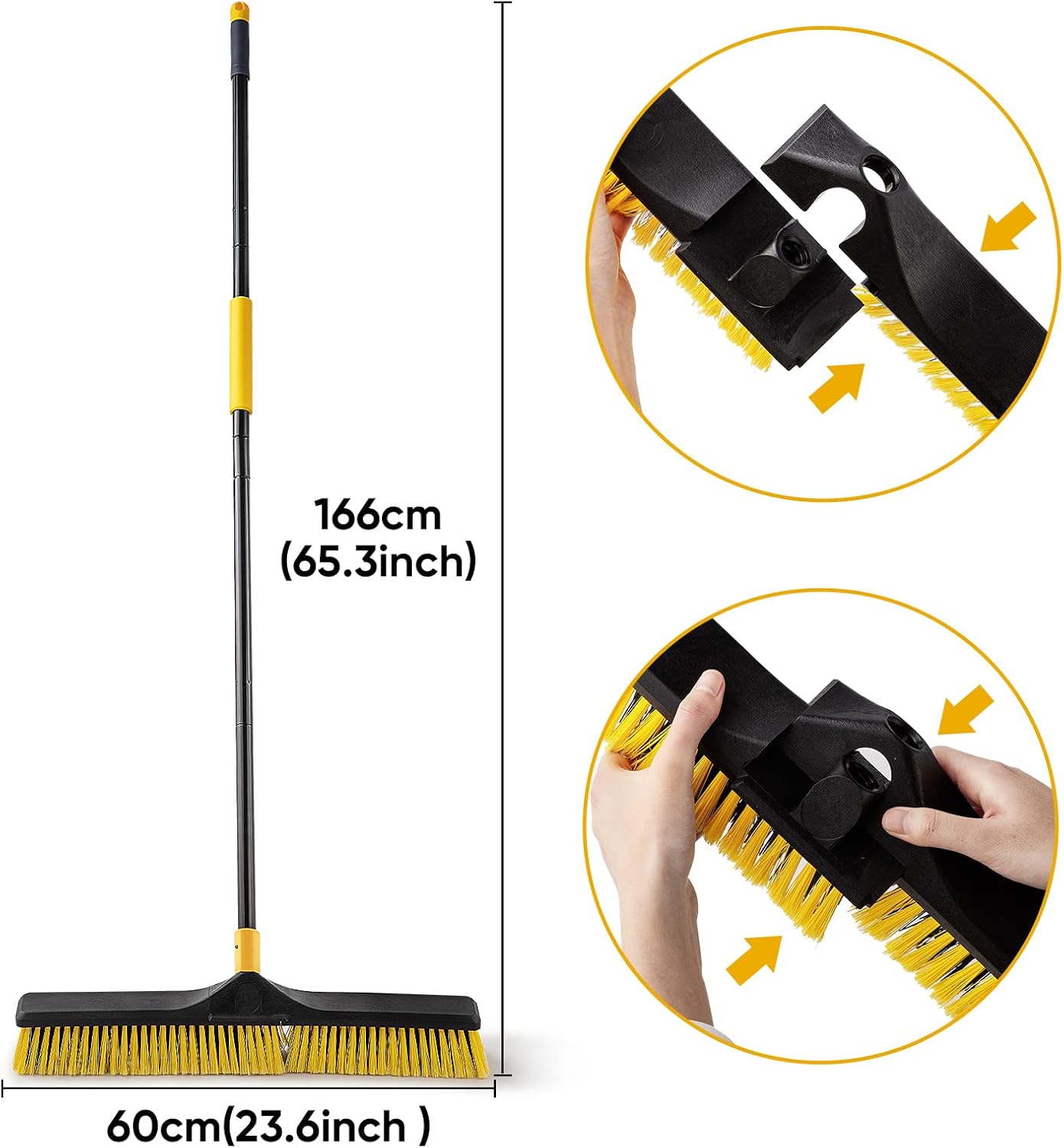 Yocada 24 inch Push Broom Brush 65.3 inch Long Handle Stiff Bristles Heavy-Duty Outdoor Commercial Broom for Cleaning Bathroom Kitchen Patio Garage Deck Concrete Wood Stone Tile Floor
