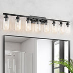 8 Light Black Bathroom Vanity Light Fixture, Long Farmhouse Vanity Lights Over Mirror,Modern Large Bathroom Lighting Wall Light with Clear Glass Globe for Mirror,Living Room,Bedroom