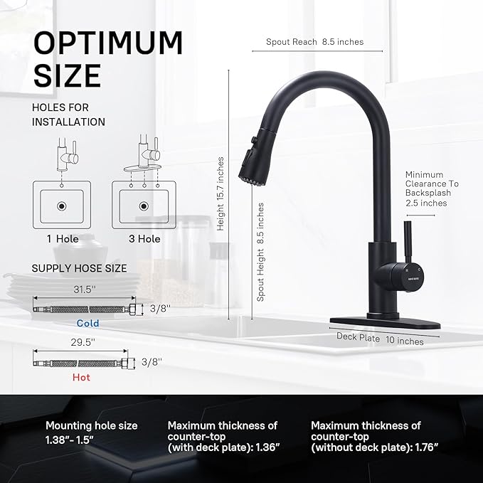 WEWE Black Kitchen Sink Faucets: Water Faucet with Pull Down Sprayer Stainless Steel Single Handle 1 Or 3 Hole for Farmhouse Commercial Camper Laundry Rv Bar
