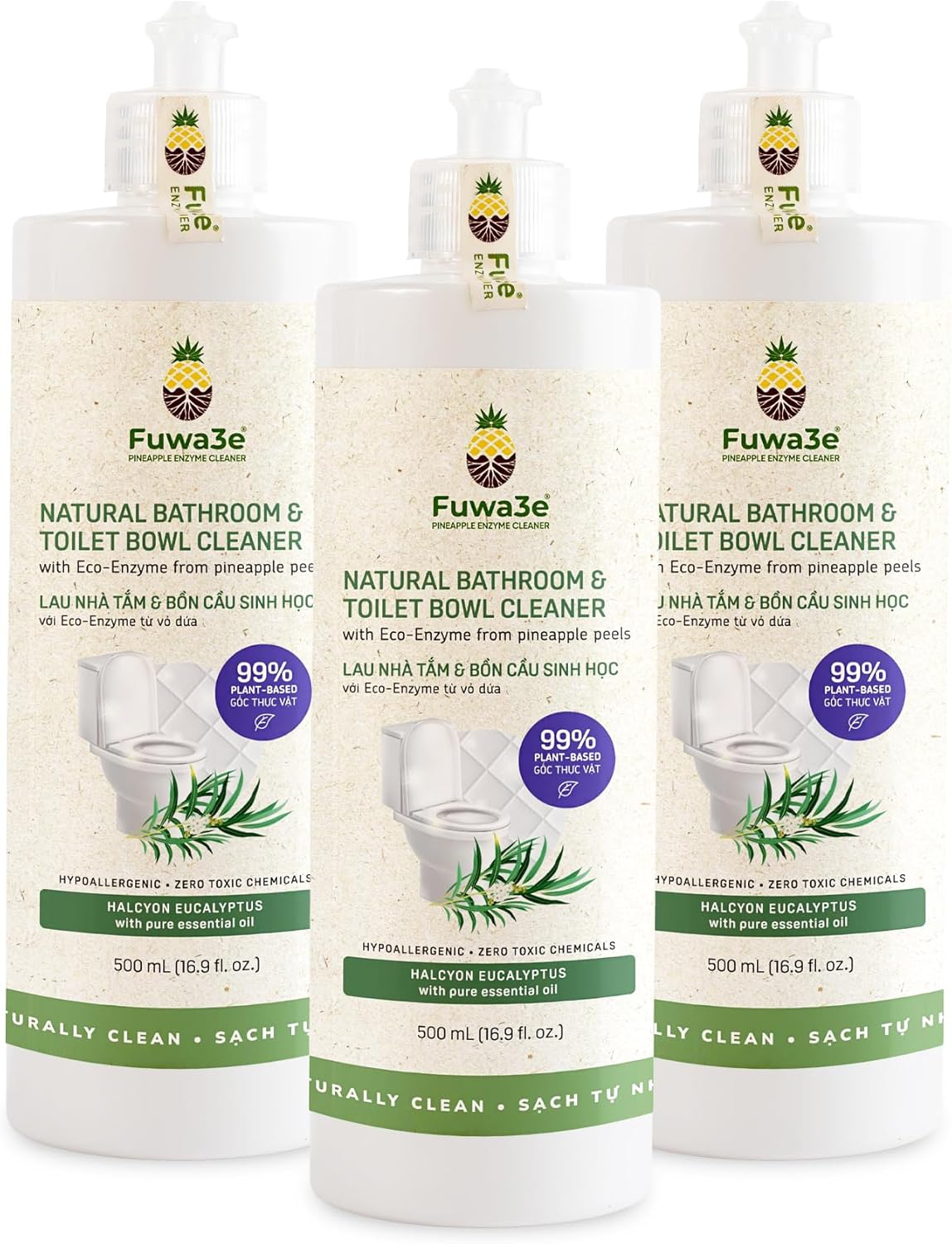 Fuwa3e Pineapple Enzyme Natural Toilet Bowl Cleaner Halcyon Eucalyptus - 16.9oz 3 Pack - 99% Plant Based Non Bleach Bathroom Cleaner - Freshens and Deodorizes with Fermented Pineapple Peels