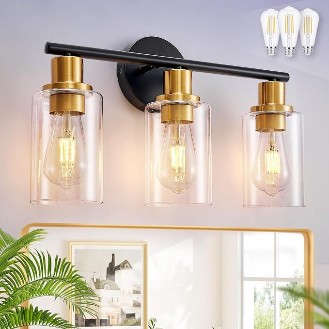 DLLT 3-Light Bathroom Light Fixtures: Black and Gold Modern Vanity Lights with 3 E26 Bulbs - Clear Glass Shade Bathroom Wall Lamp for Mirror Kitchen Living Room Hallway Cabinet Porch