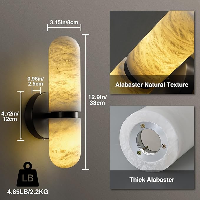 Alabaster Wall Sconces Set of Two, 13in Black Alabaster Sconce, Modern Spanish Natural Marble Sconces Lights, Sconces for Bathroom Vanity Bedroom Living Room Staircases Hallway