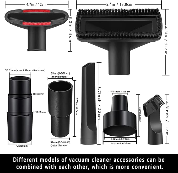 11Pcs Universal Vacuum Attachment Kit 1-1/4" Vacuum Hose Adapter Wet Dry Plastic Vacuum Cleaners Accessories with Extension Wand Horse Hair Brush Flexible Crevice Tool Adapter for Shop Vac Attachment