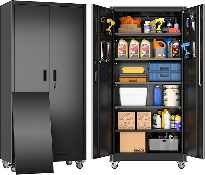 Garage Storage Cabinet with Wheels & Pegboard, 71" H×34" W×18" D Locking Metal Storage Cabinet with 2 Doors and 5 Adjustable Shelves for Garage Home, Assembly Required, Black