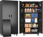 Garage Storage Cabinet with Wheels & Pegboard, 71" H×34" W×18" D Locking Metal Storage Cabinet with 2 Doors and 5 Adjustable Shelves for Garage Home, Assembly Required, Black