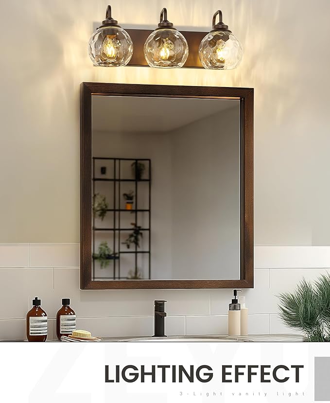 zeyu Bathroom Light Fixtures, 3-Light Bathroom Vanity Light, 20 Inch Modern Wall Sconces with Water Ripple Globe Shade, Oil Rubbed Bronze Finish, ZSL72BG-3W ORB-WG