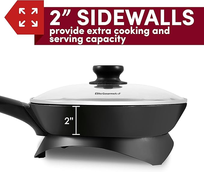 Elite Gourmet EG6207 Scratch Resistant 10.5-inch (2Qt) Fry Pan, Easy-Pour Spout Dishwasher Safe, Non-stick Electric Skillet with Glass Vented Lid, Adjustable Temperature, Black