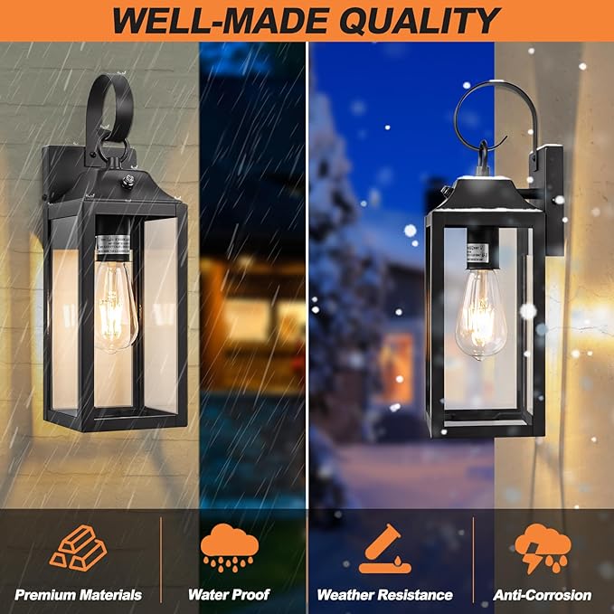 Dusk to Dawn Wall Lights 2 Pack, Black Outdoor Light Fixtures Wall Mount, 15 Inch Exterior Wall Sconces Waterproof, Large Outside Lights for House, Modern Wall Lanterns Clear Glass