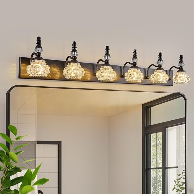 Modern Crystal Bathroom Vanity Light Black Vintage Bathroom Light Fixtures 6-Lights Glass Crystal Vanity Lights