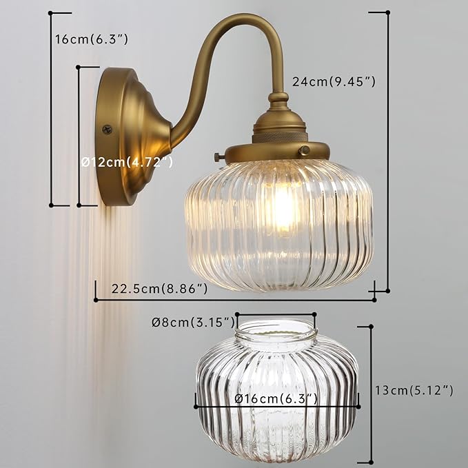 Vintage Gooseneck Wall Sconce 1-Light with Clear Striped Glass Globe Shade Indoor Hardwired Wall Mounted Lamp Fixture