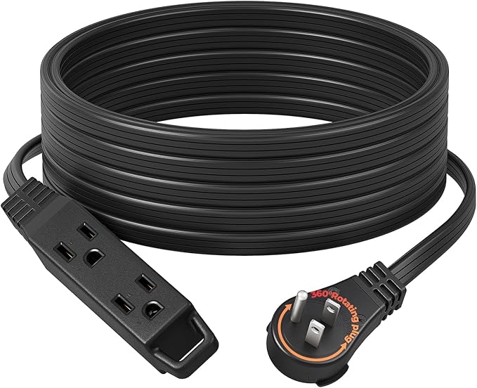 DEWENWILS 25FT Flat Plug Extension Cord, 360° Rotating Plug, 3 Prong Ultra Thin Power Strip, 13A/125V/1625W, 16 Awg Grounded Flat Power Cable for Indoor Narrow Space, SPT-3, ETL Listed, Black