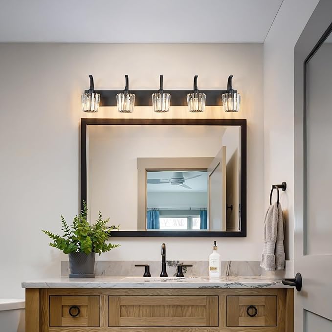 Modern Bathroom Vanity Light, 5-Light Black Wall Sconce with Crystal Accents, Over Mirror Bathroom Lighting Fixture, 42.51" Long Dimmable Vanity Lamp for Makeup, Easy Installation