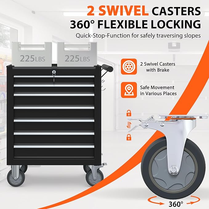 7-Drawer Rolling Tool Chest, Tool Box with 4 Wheels and Drawers, High Capacity Detachable Mobile Tool Storage Cabinet for Garage, Workshop, Mechanics and Repair Room (Black)