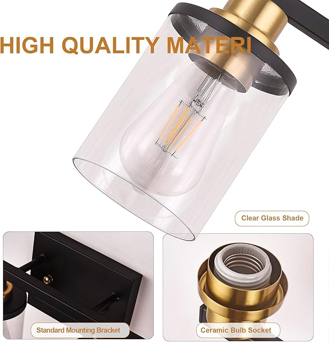 Modern 6-Light Bathroom Vanity Light Fixtures Over Mirror, Black Wall Lamp for Over Sink Bathroom，Farmhouse Wall Sconces with Clear Glass Shade for Bedroom,Living Room