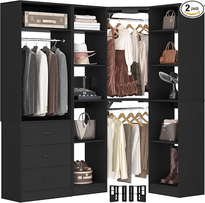 Corner Closet System with 3 Drawers, Corner Closet Organizer System with 13 Shelves & 3 Hanging Rods, 63.2"L * 39.2"W Reversible L Shaped Walk-in Closets, Load 2000+LBS, Black