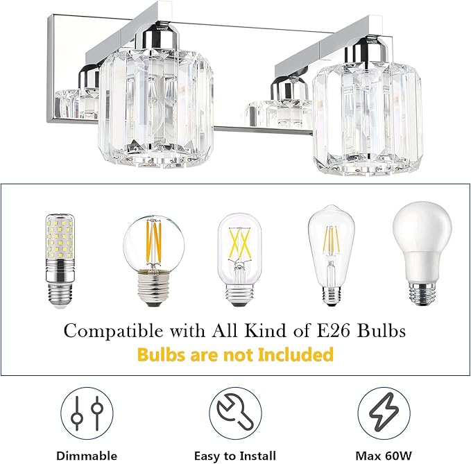 Aipsun Bathroom Vanity Lighting Fixtures Crystal Vanity Lights for Bathroom 2 Lights Stainless Steel Wall Lighting Fixtures(Exclude Bulb)