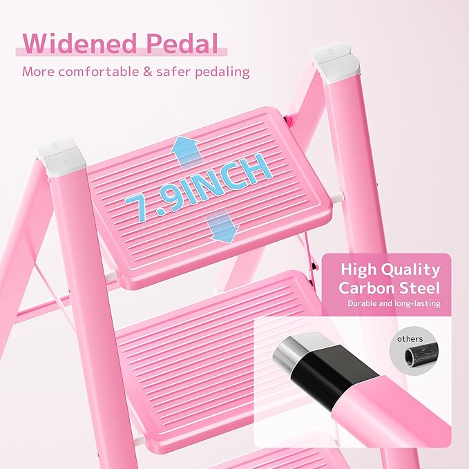 GameGem Pink 4 Step Ladder, Sturdy Foldable Ladder, Integrated 7.9Inch Wide Pedal and Anti-Slip Feet for Steady Support, Suitable for Kitchen, Closet, Indoor and Outdoor Use, 330Lbs Load
