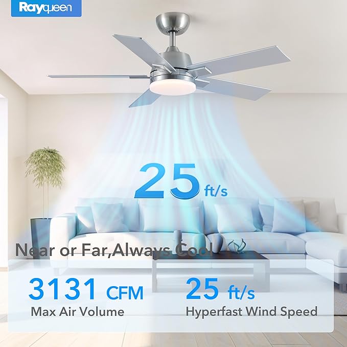 42 Inch Ceiling Fans with Lights and Remote, Brushed Nickel Ceiling Fan, 6 Speed Reversible DC Motor, 3CCT Dimmable LED, Modern Design for Bedroom, Living room & Covered Outdoor,Includes Downrod
