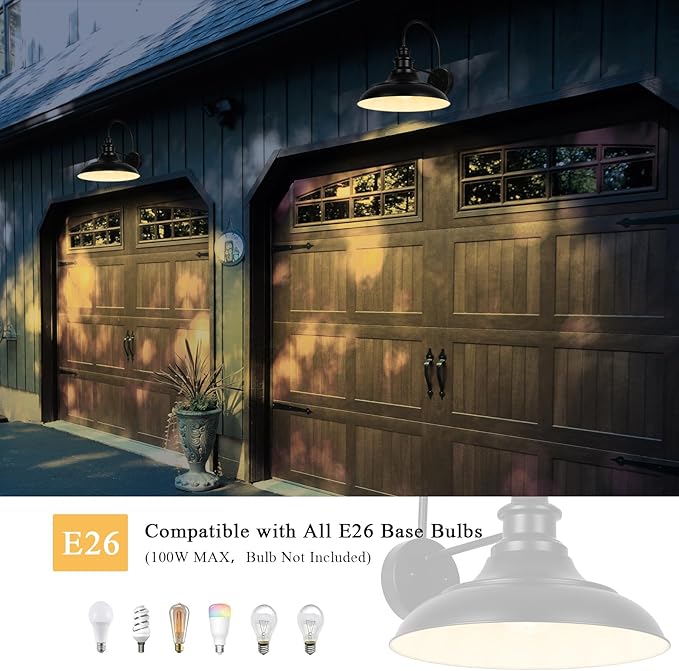 Outdoor Barn Light Fixtures, 12.3 Inch Large Dome Farmhouse Exterior Wall Mount Lights, Gooseneck Wall Sconce Indoor Wall Lighting, Industrial Black White Finish Lanterns for Porch, RZ004-4 BK+WH