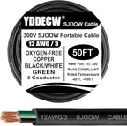 50ft 12/3 12 AWG Portable Power Cable (3 Conductor) - SJOOW 300V 12 Gauge Electric Wire for Motor Leads, Portable Lights, Battery Chargers and Machinery - 3 Conductor - 50 Feet Electrical Cord