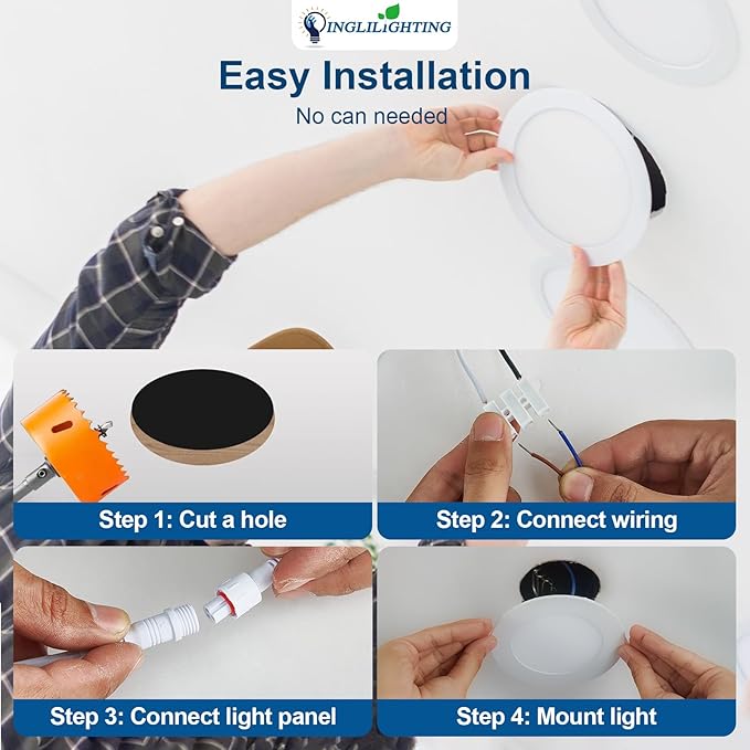 DLLT LED Recessed Ceiling Light: 24 Pack 4 Inch Recessed Lighting for Kitchen - 5CCT Dimmable Canless Wafer Downlight for Living Room - 900LM Brightness 9W LED Can Lights for Bedroom ETL FCC