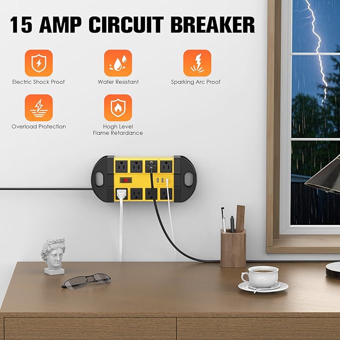 HHSOET Outdoor Weatherproof 8 Outlet Power Strip, IPX6 Waterproof Surge Protector, 2 USB-A 1 USB-C Ports, 6 FT Extension Cord for Outdoor Patio Garden Porch Garage