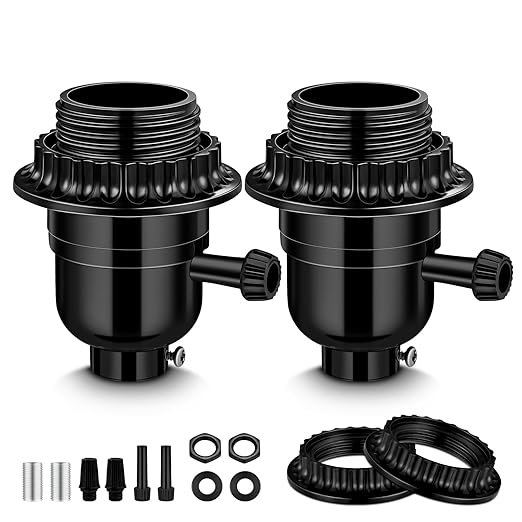 UL Listed E26 Light Socket Replacement with 3-Position Knob Switch for Brigtness Setting, 2 Lamp Shade Rings and Other Lamp Repair Parts, Compatible with Table Lamp, Floor Lamplight Fixture,Black (2)