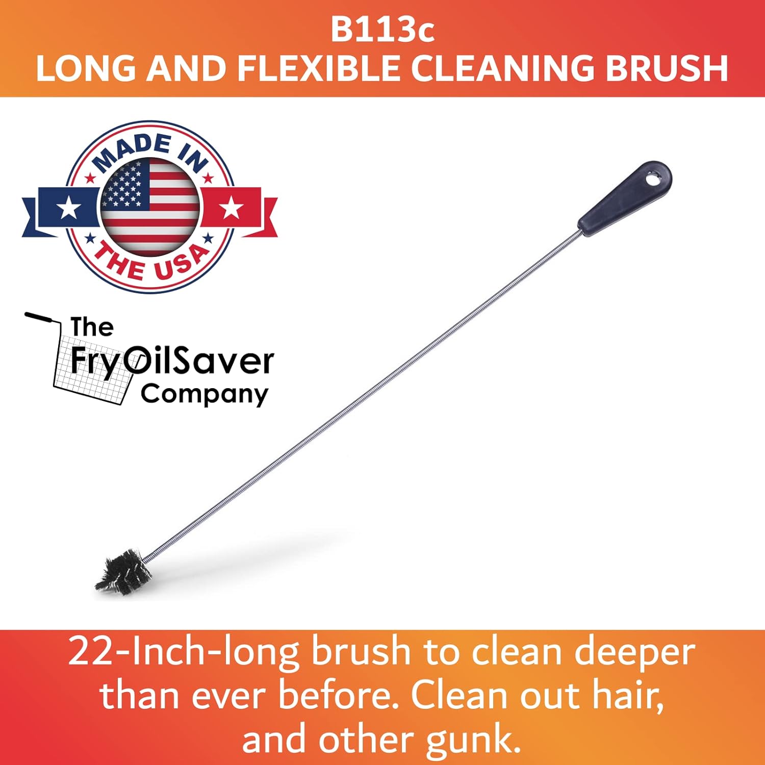 22" Long Sink Drain Cleaning Brush by FryOilSaver Co., Clog Remover for Small Spaces Perfect for Unclogging Sink, Toilet & Shower Drain, Drain Snake Hair Clog Remover, Tiny Pipe Cleaning Brush - B113C